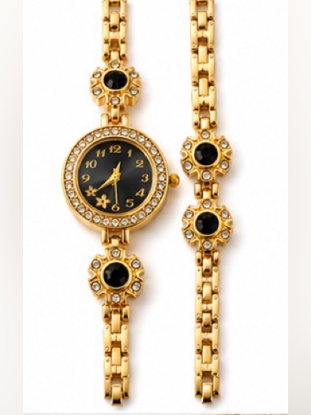 Gold Tone Floral Crystal Watch & Matching Bracelet Set Black Stone Accent